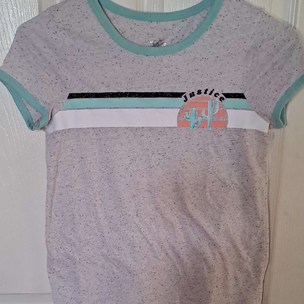 Justice Light Gray Speckled Tee with Mint Trim and Sunset Cactus Graphic